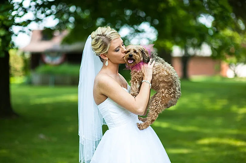 Yorkiepoo, Sophie, with the bride, showcasing the special connection between them on a significant day.