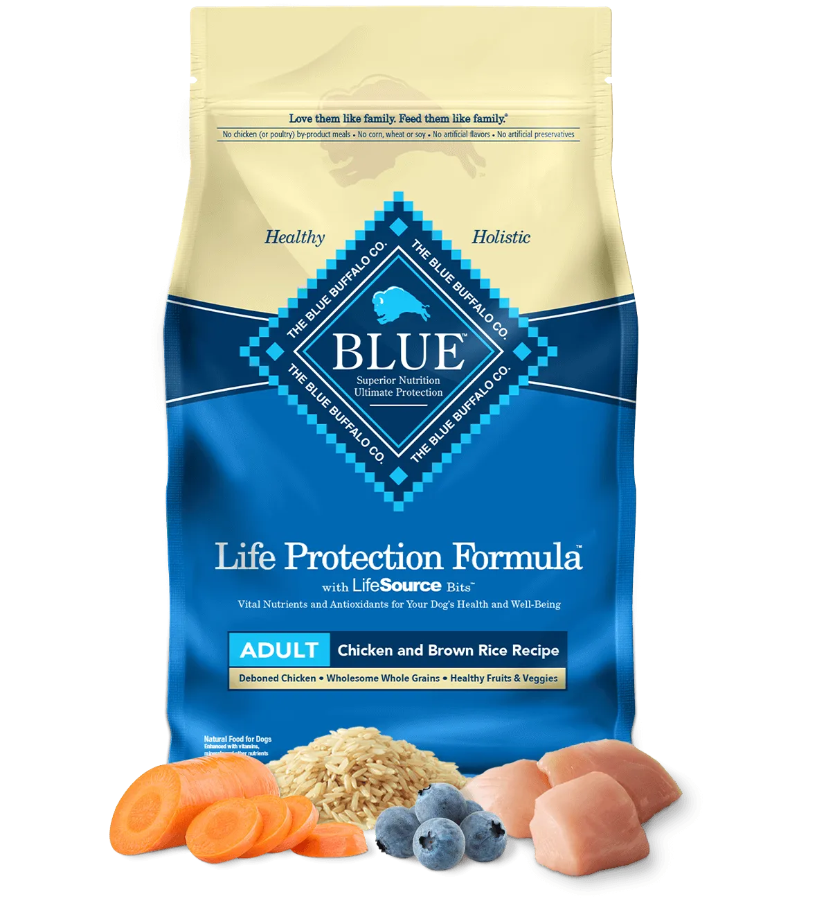 A bag of Blue Buffalo Life Protection Formula adult chicken and brown rice dog food.