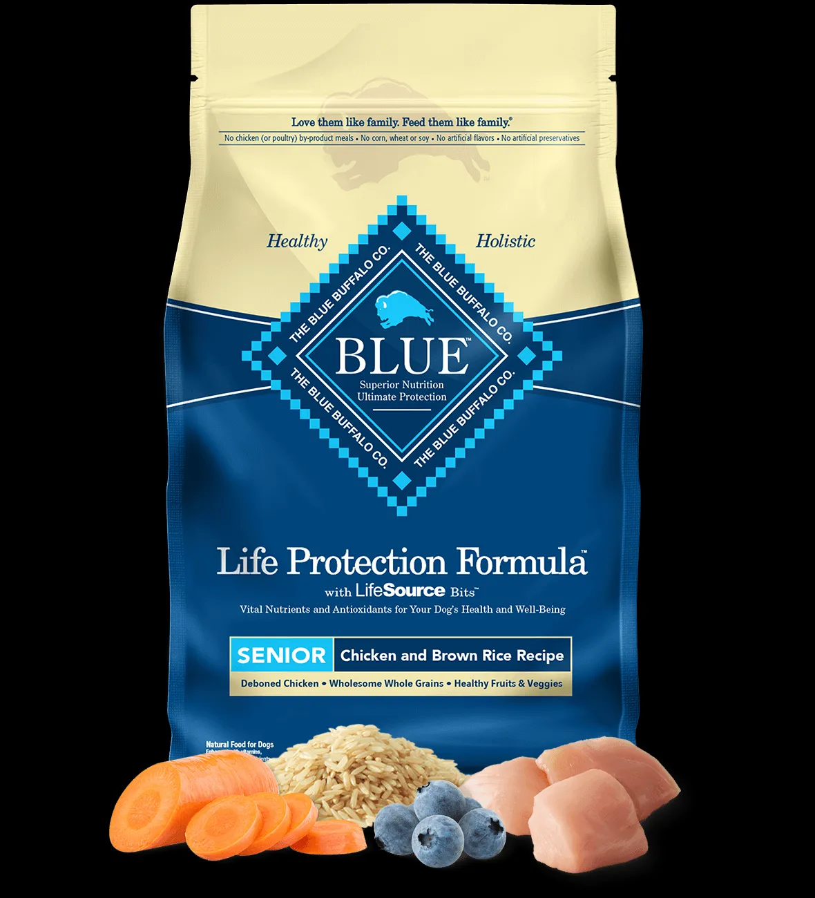 A bag of Blue Buffalo Life Protection Formula Senior Dog food featuring chicken and brown rice.