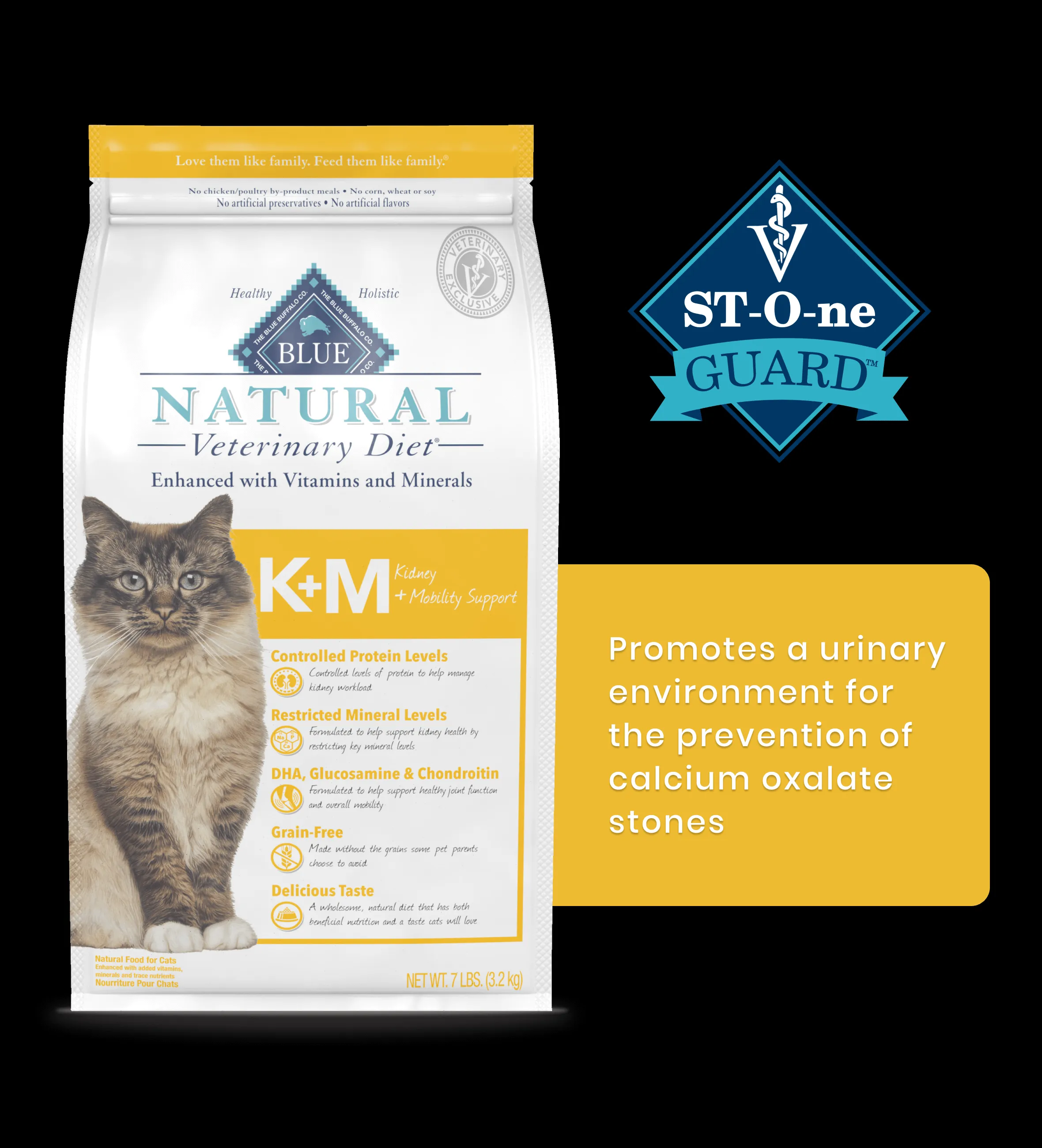 A bag of BLUE Natural Veterinary Diet K+M Kidney + Mobility Support dry cat food