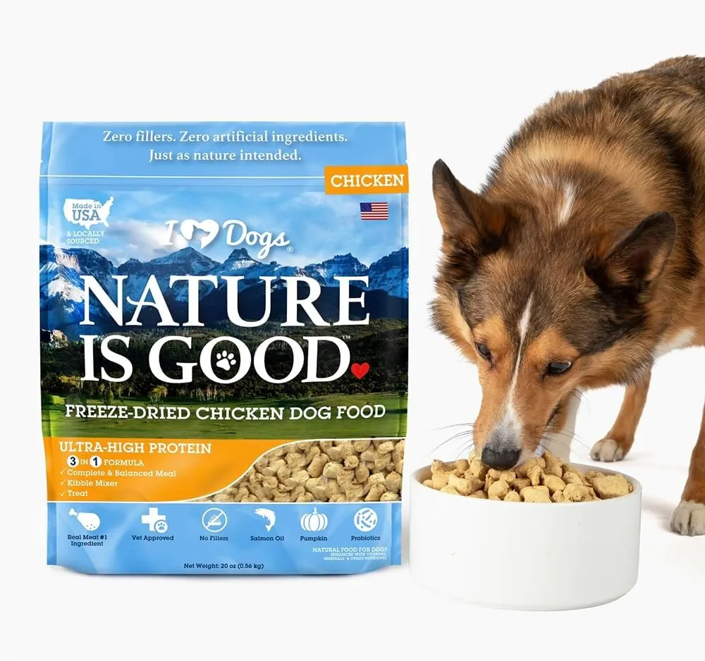 A bag of Nature is Good chicken-flavored dog food and treats, displayed next to a small bowl of kibble