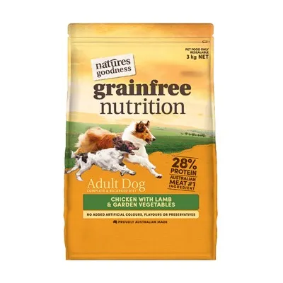 A bag of Nature's Goodness dog food, emphasizing its natural and wholesome ingredients for pet health.