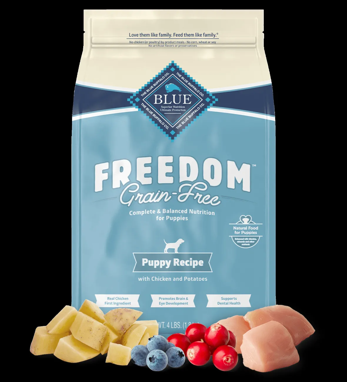 A bag of premium grain-free chicken recipe puppy food, highlighting its wholesome ingredients for growing pups.