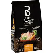 A bag of Pure Balance Chicken and Brown Rice dry dog food, featuring a dog silhouette on the front.