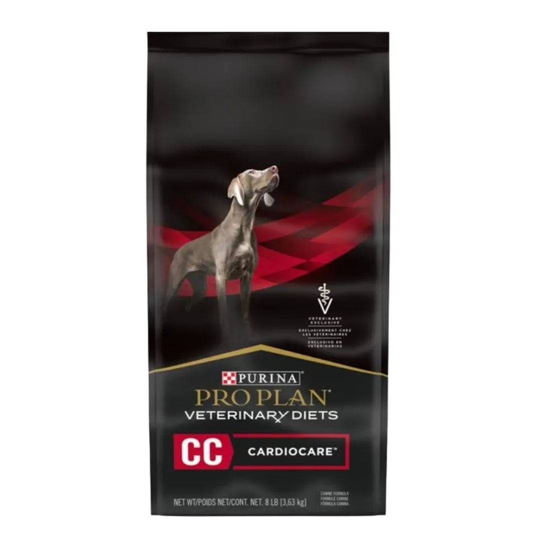A bag of Purina Pro Plan Veterinary Diets CC CardioCare High Protein dog food, designed to support canine heart health