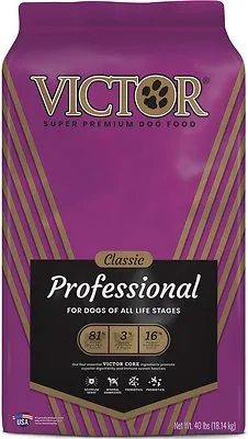 A bag of Victor Classic Professional Dry Dog Food, showcasing the brand's commitment to quality pet nutrition.