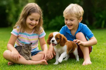 A beautiful Blenheim Cavalier King Charles Spaniel puppy looking inquisitively at the camera.