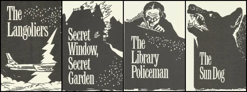 A black-and-white cover art for Stephen King's "The Sun Dog" featuring a menacing canine creature with glowing eyes emerging from a camera lens.