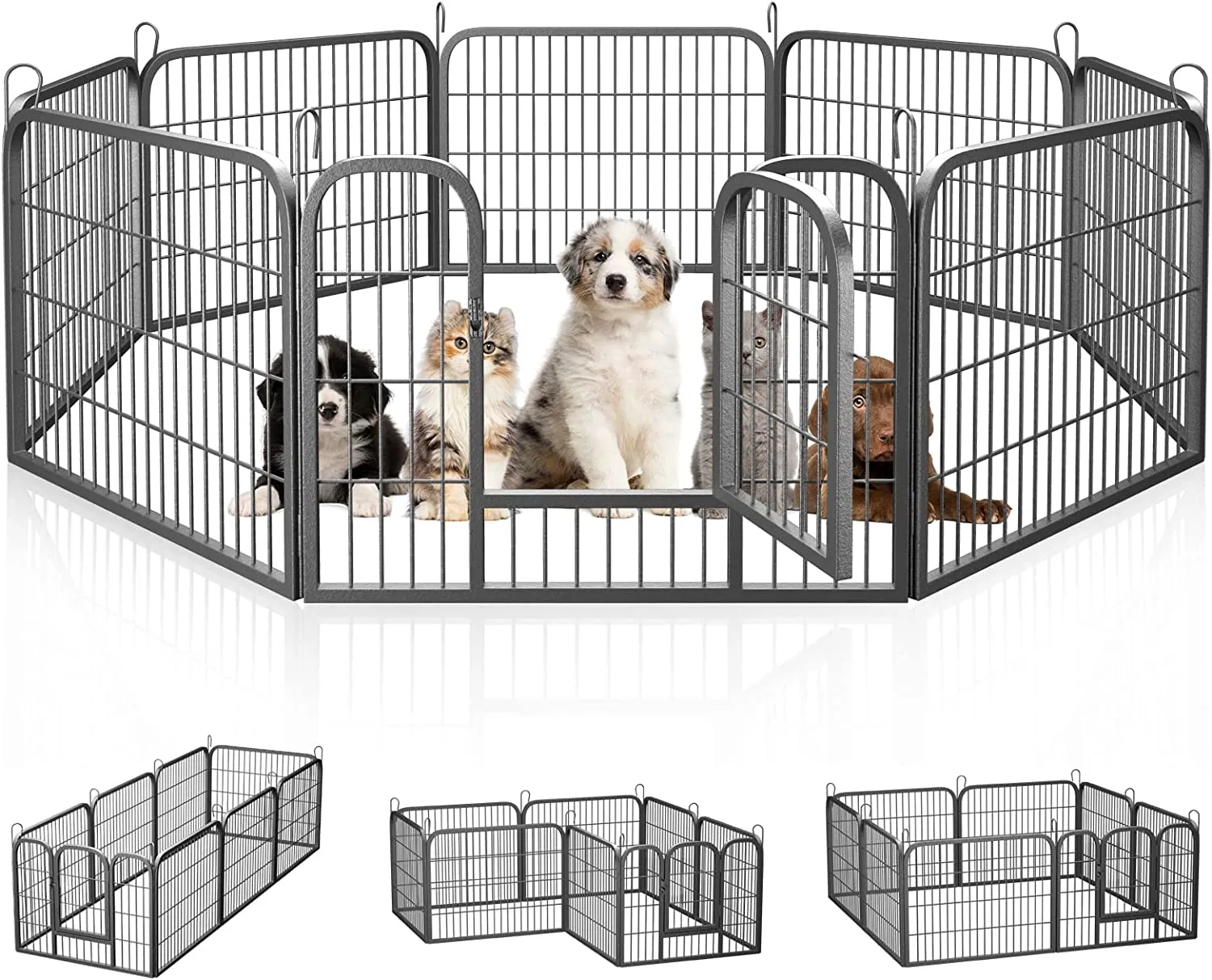 A black metal puppy playpen set up indoors on a wooden floor, providing a safe enclosed area
