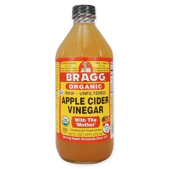 A bottle of Bragg's Apple Cider Vinegar, a key ingredient for homemade remedies
