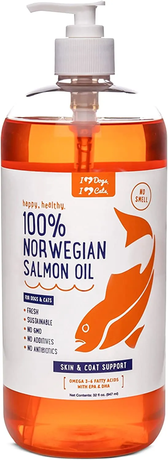 A bottle of Norwegian salmon oil for dogs, with a pump dispenser, for brain development
