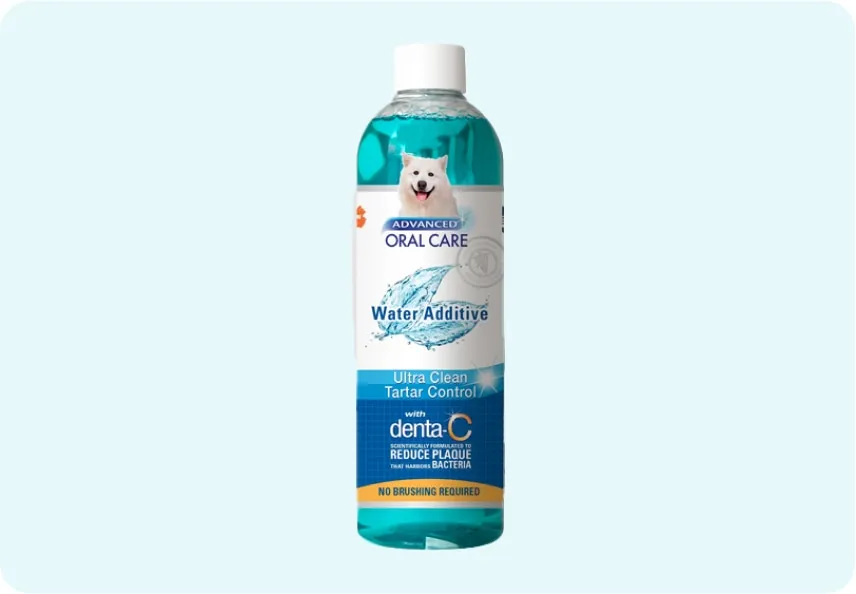 A bottle of Nylabone Advanced Oral Care Liquid Tartar Remover, indicating its focus on tartar control.