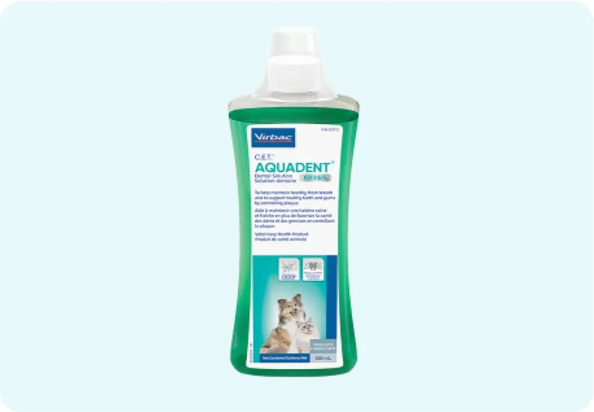 A bottle of Virbac C.E.T Aquadent Dog & Cat Dental Solution, highlighting its natural ingredients.
