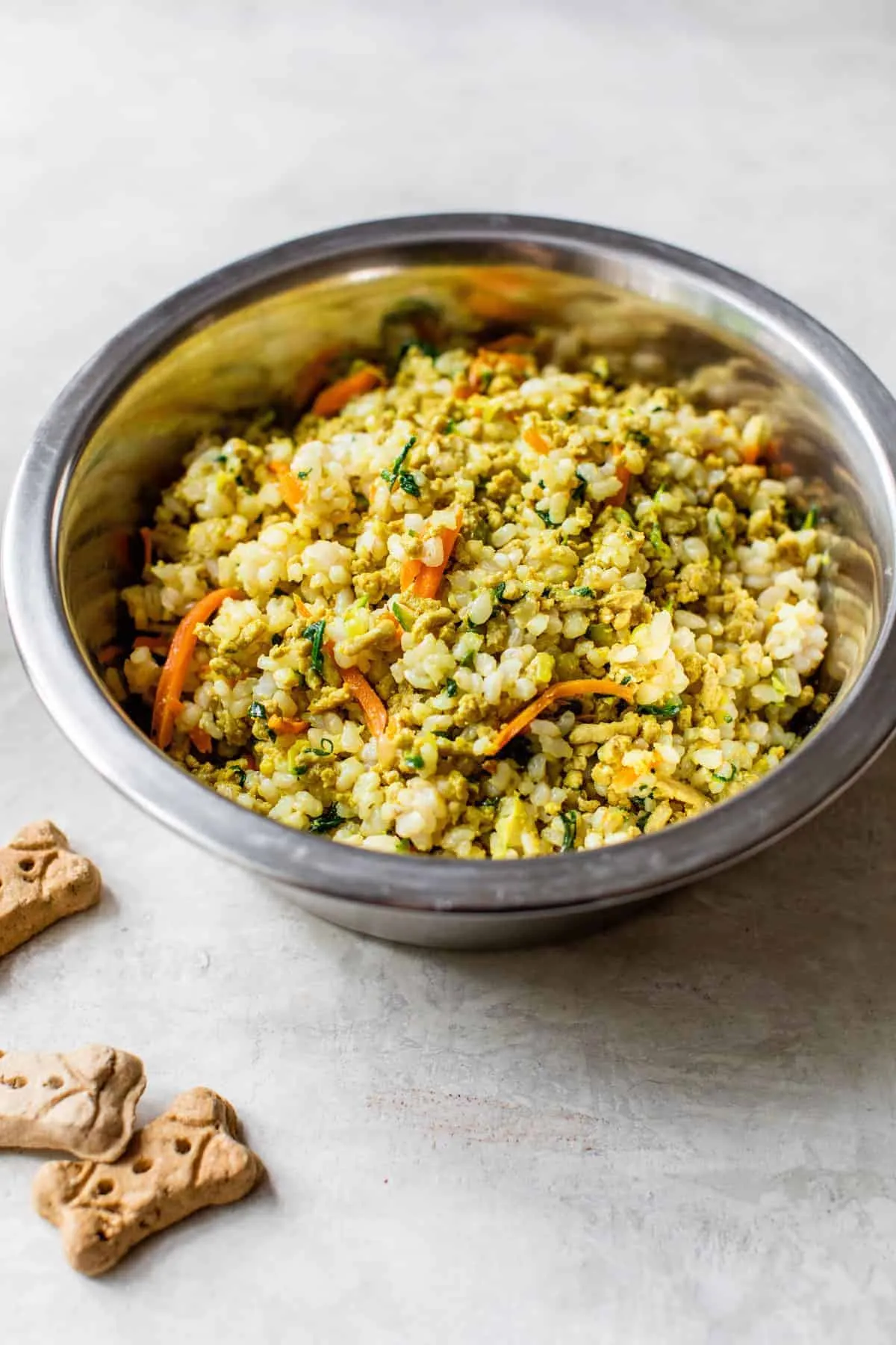 A bowl of freshly prepared homemade puppy food, ready for serving.