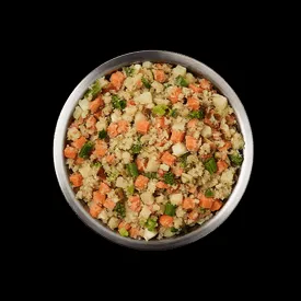 A bowl of Just Food for Dogs Fish & Sweet Potato recipe with fresh ingredients