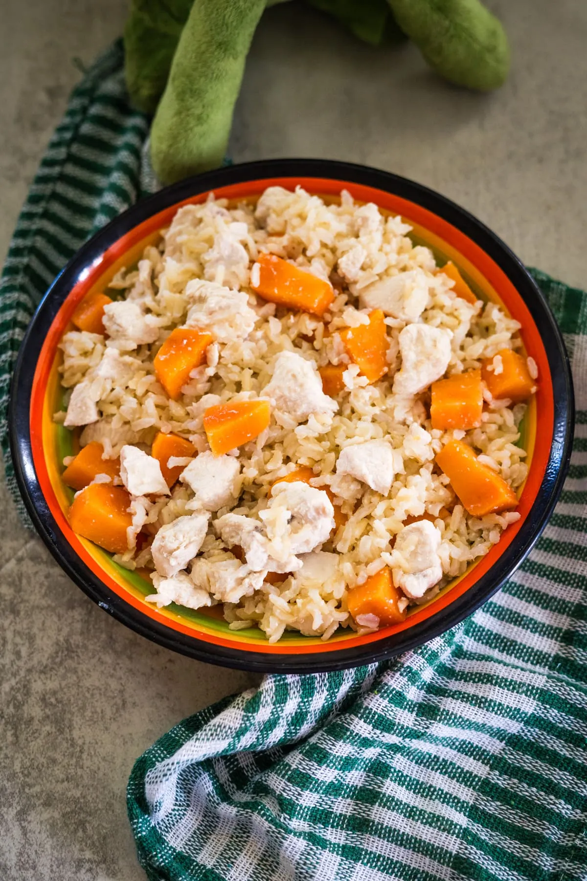 A bowl of rice mixed with cooked chicken pieces and chunks of vibrant pumpkin, all placed on a green and white striped cloth.