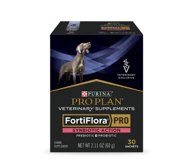 A box of Purina Fortiflora Synbiotic powder packets, a vet-recommended probiotic for dogs.