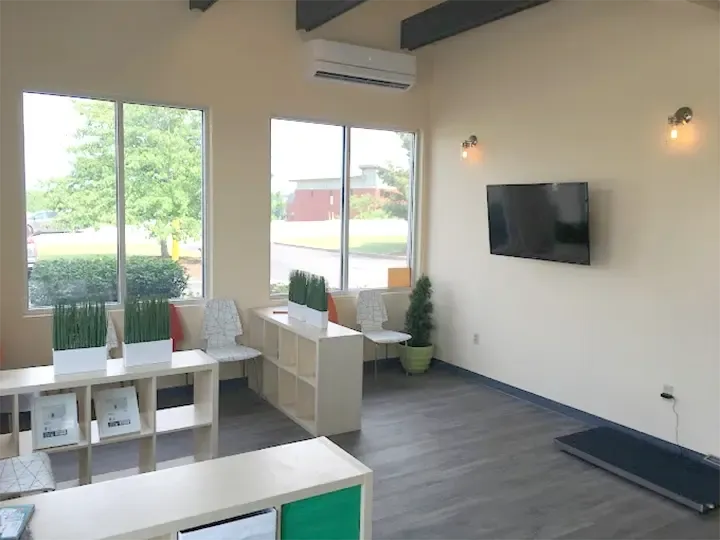 A brightly lit, modern veterinary clinic interior, showing a welcoming reception area.