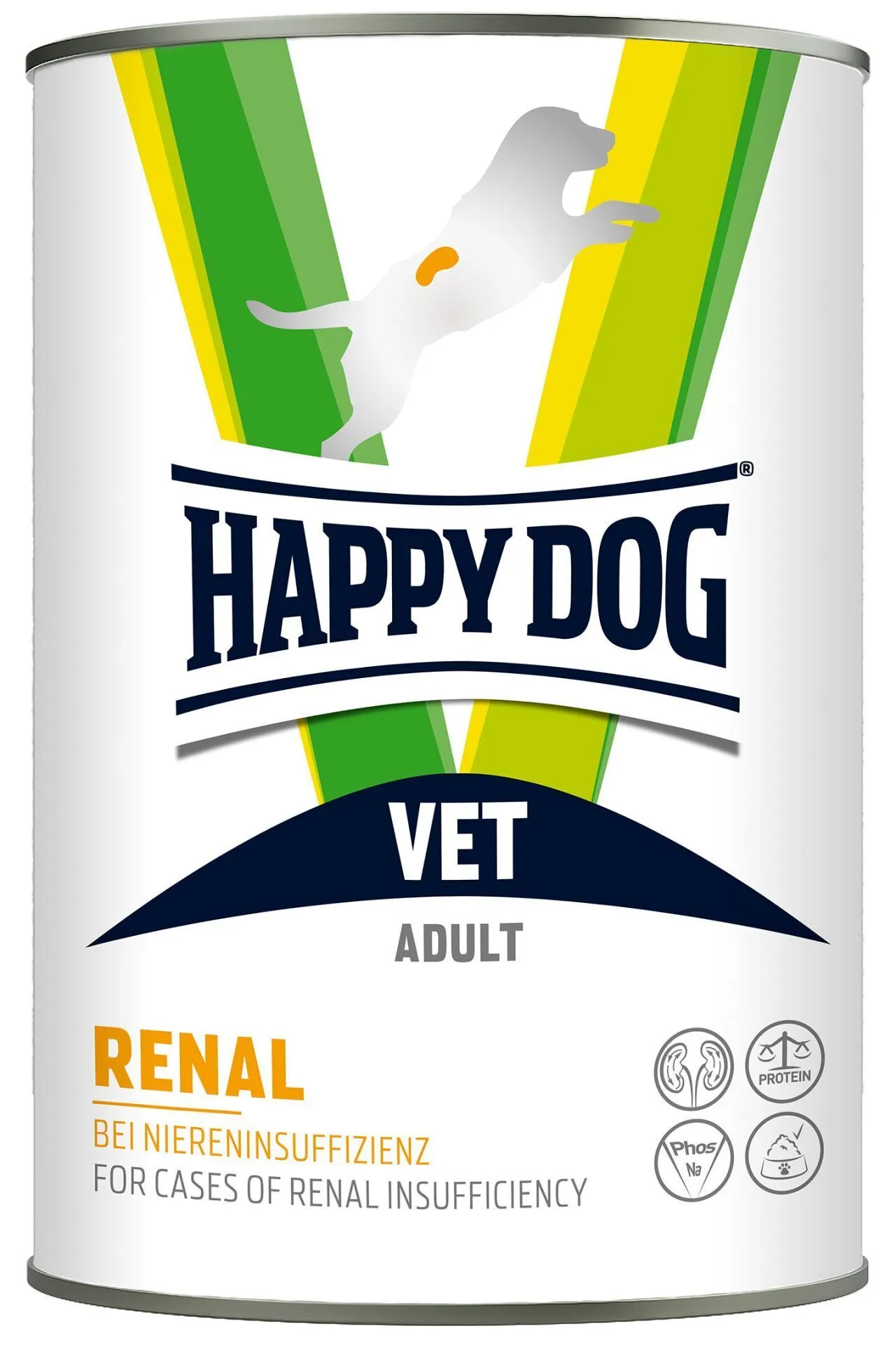 A can of Happy Dog VET Diet Renal wet food, suitable for dogs with renal insufficiency.