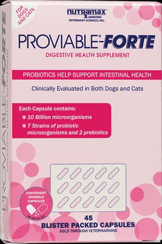 A carton of Proviable Forte sprinkle capsules, showing the dosage for dogs.