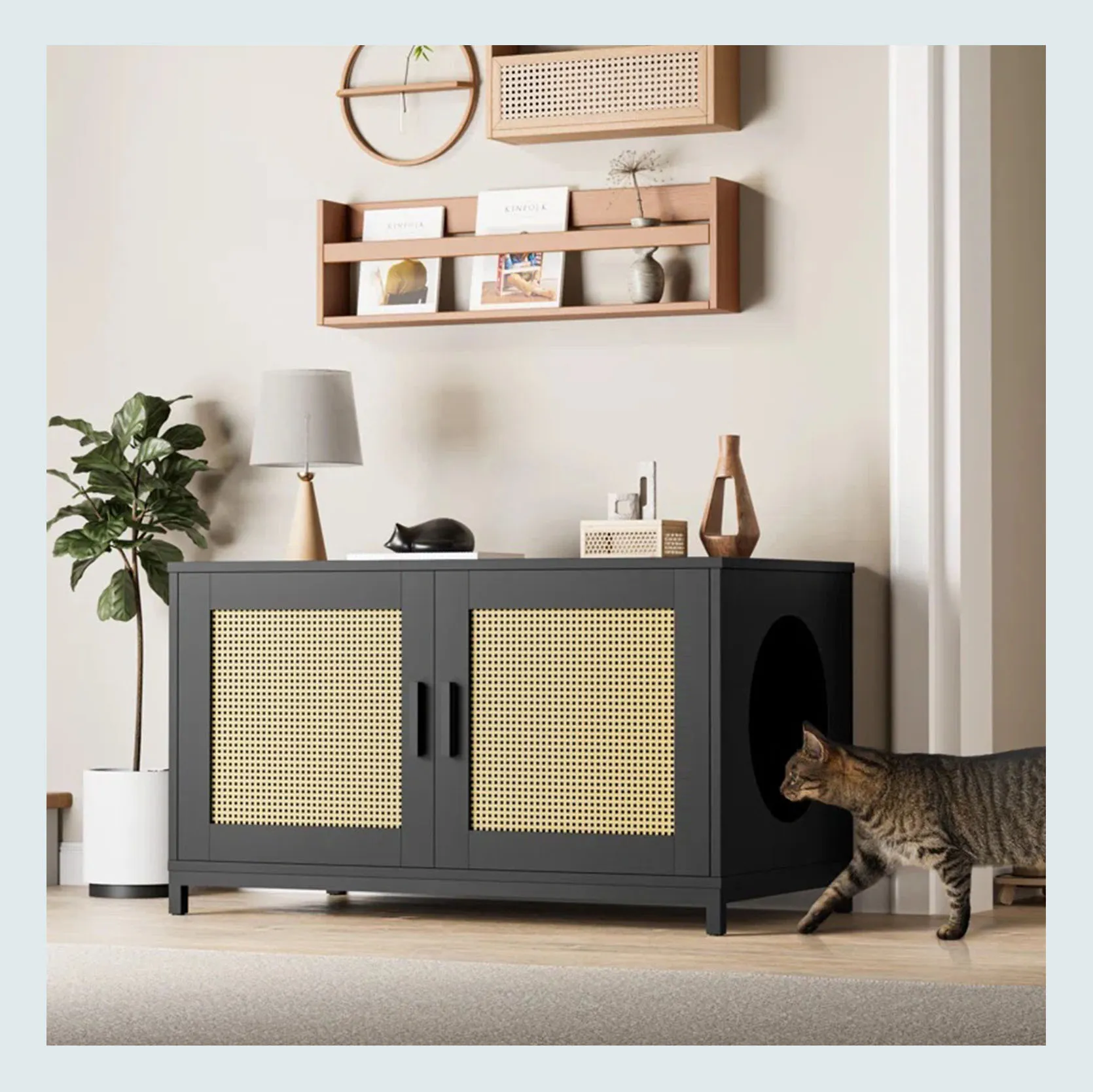 A chic rattan cat litter box enclosure with closed doors, fitting seamlessly into a modern living space.
