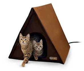 A chocolate-brown A-frame multi-kitty outdoor house, offering a charming and spacious refuge for several cats.