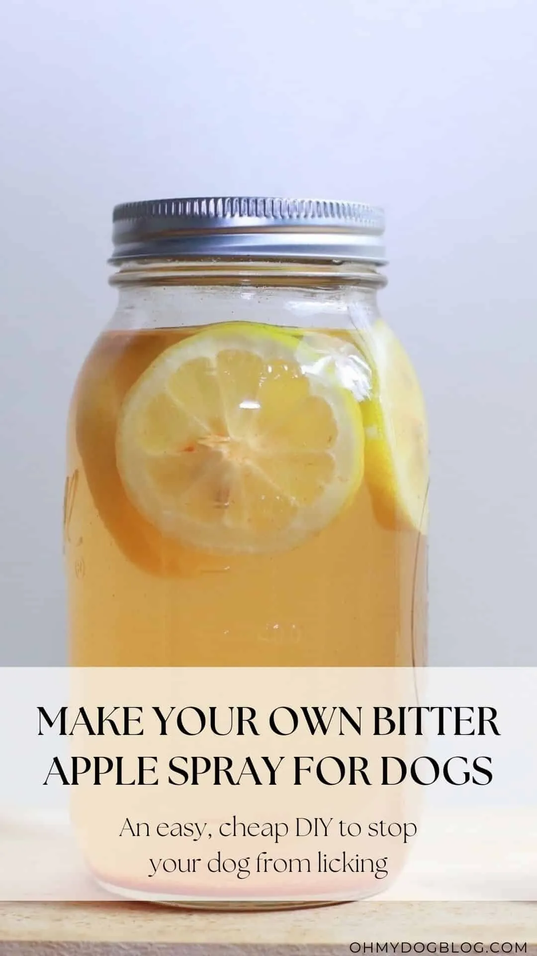 A clear glass Ball jar of apple cider vinegar and lemon slices is centered in the frame with a text overlay that reads: Make your own bitter apple spray for dogs. An easy, cheap DIY to stop your dog from licking.