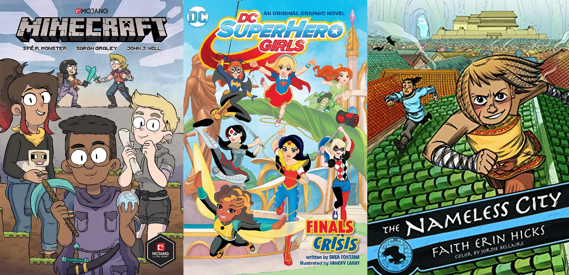 A collage of action-packed graphic novel covers, featuring diverse characters in dynamic poses and fantastical settings