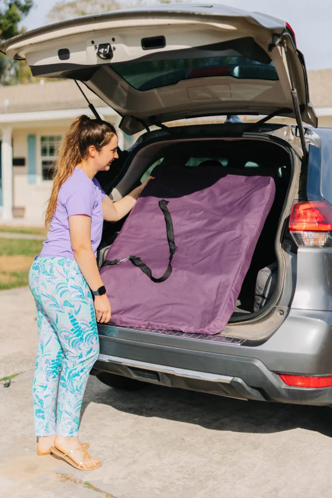 A collapsed EliteField soft sided dog crate neatly positioned in the trunk of a Subaru Forester, showcasing its ease of storage.