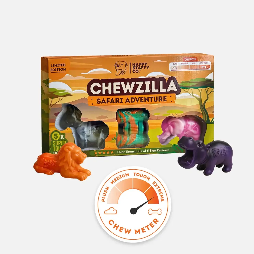 A collection of various Chewzilla indestructible dog toys, including a lion, elephant, and rhinoceros toy, from the Safari Collection