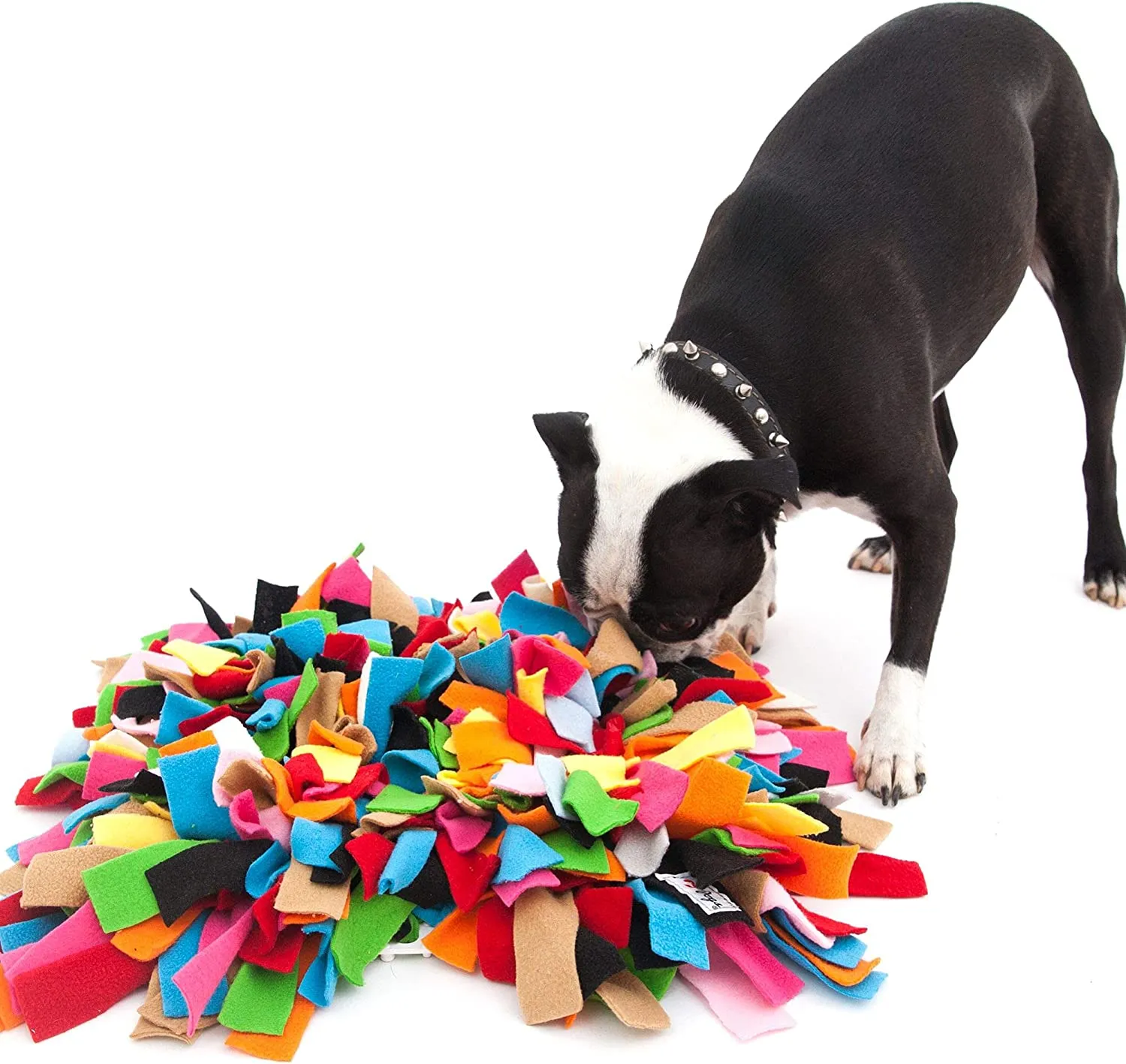A colorful snuffle mat designed for dogs to sniff out hidden treats, providing mental stimulation