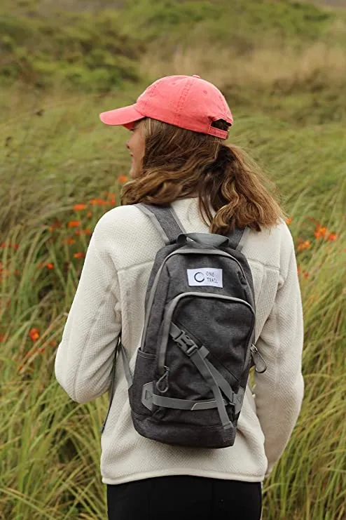 A compact grey mini backpack with a front zipper pocket and side mesh pockets, suitable for light excursions