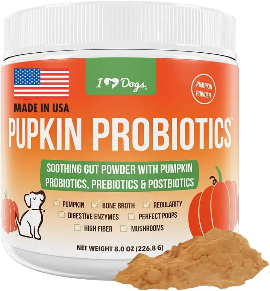 A container of iHeartDogs Pupkin Probiotic, Pre-biotic, and Post-biotic for dogs with pumpkin extract