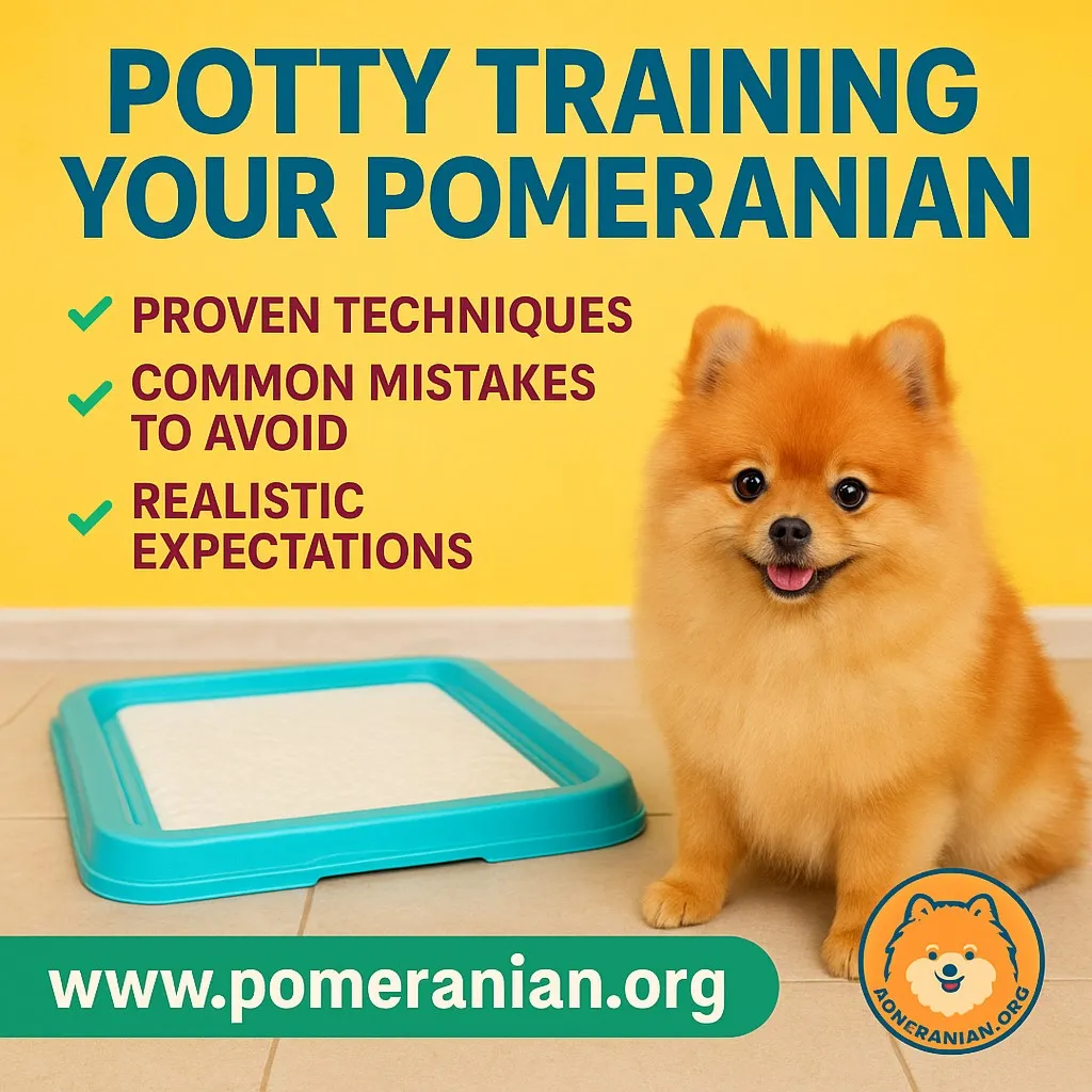 A cute Pomeranian puppy learning potty training outdoors