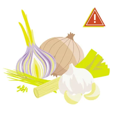 A cutting board with a red onion, garlic cloves, and fresh chives, indicating common kitchen ingredients.