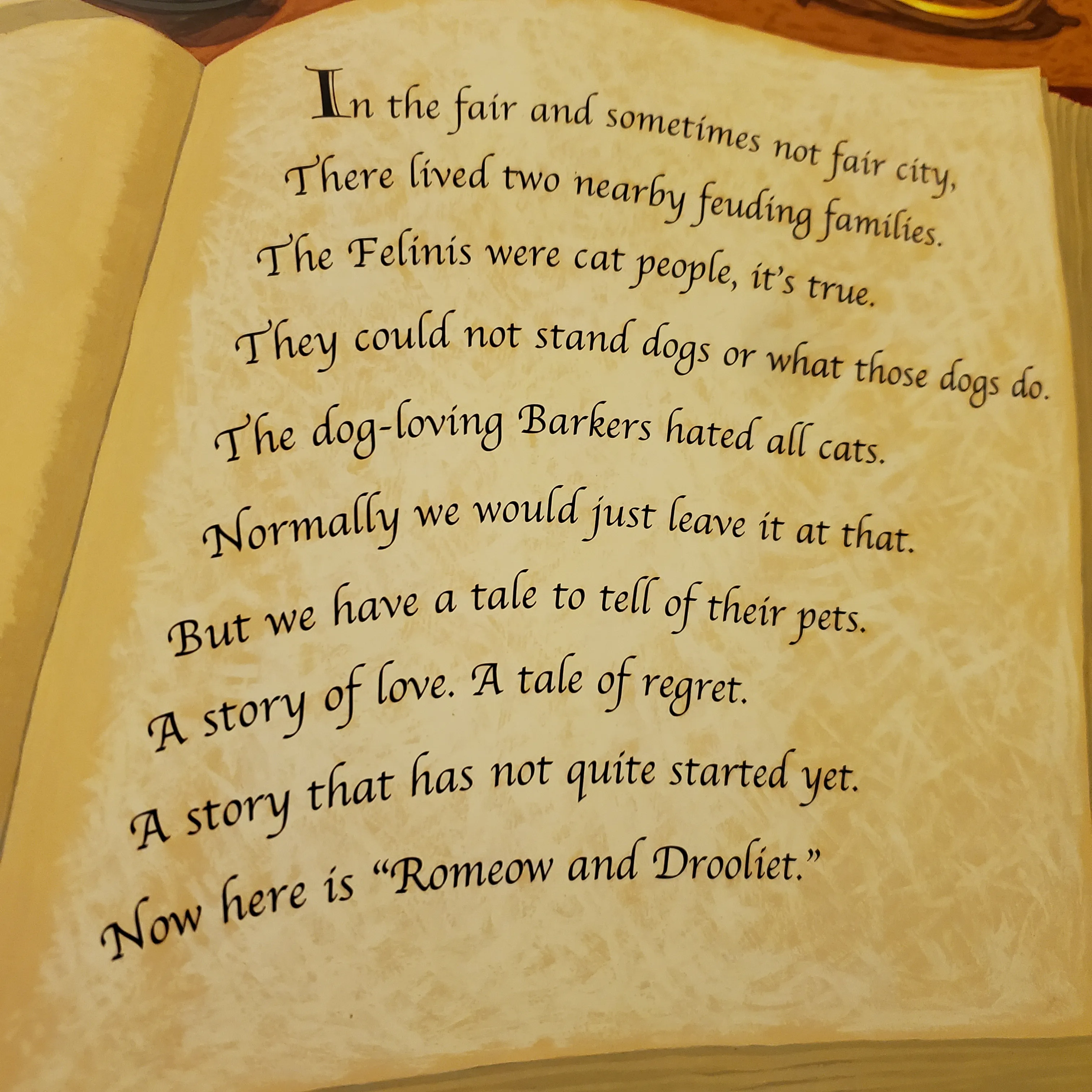 A detailed illustration from the book showcases witty wordplay and a rhyming prologue