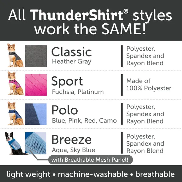 A display showing various ThunderShirt styles and colors for dogs