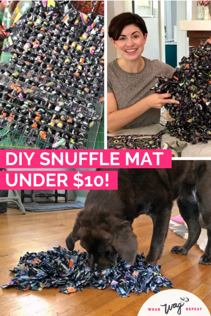 A dog actively engaging with a homemade DIY snuffle mat, showcasing the accessibility of canine enrichment activities