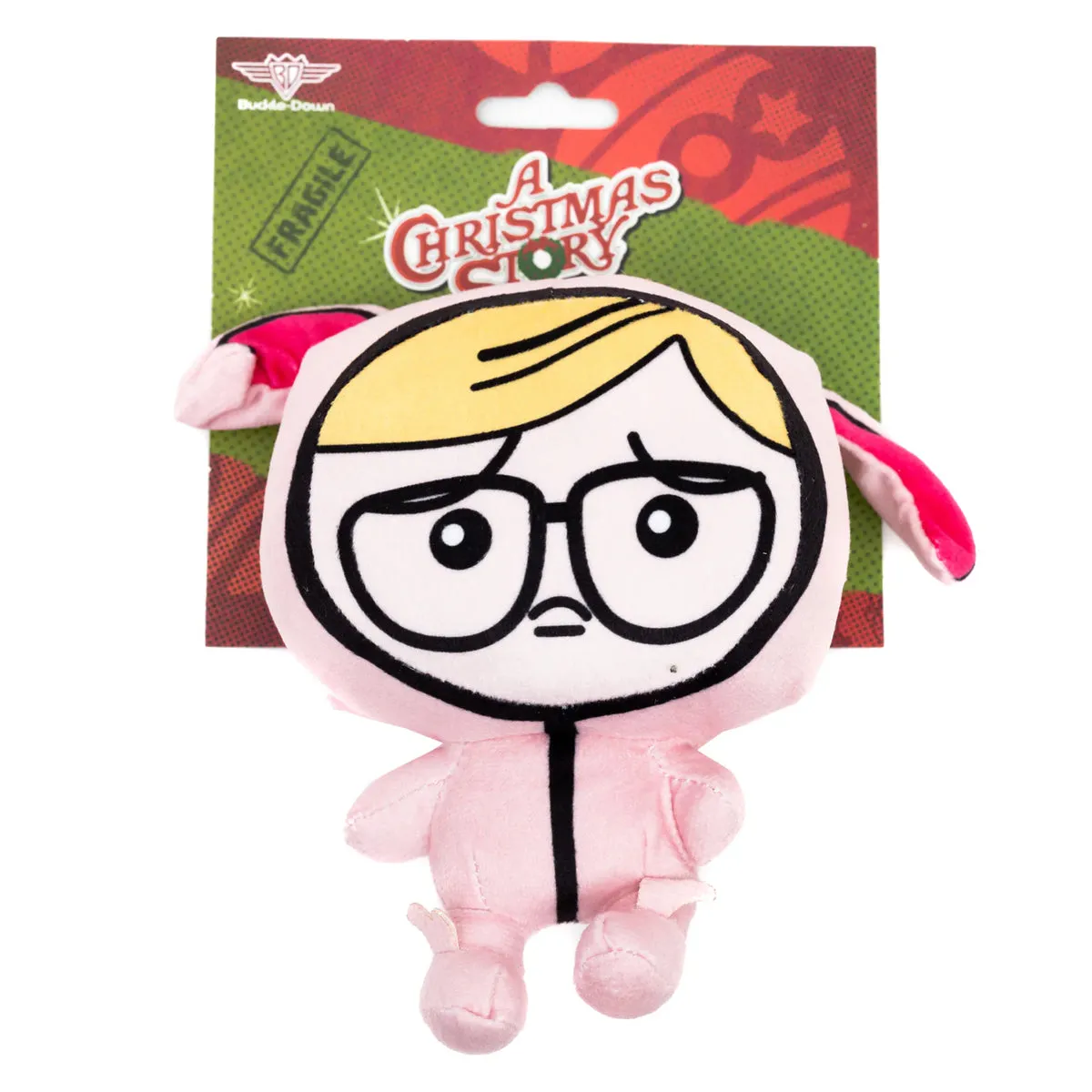 A dog enthusiastically playing with a plush squeaker toy resembling Ralphie in his pink bunny suit from A Christmas Story