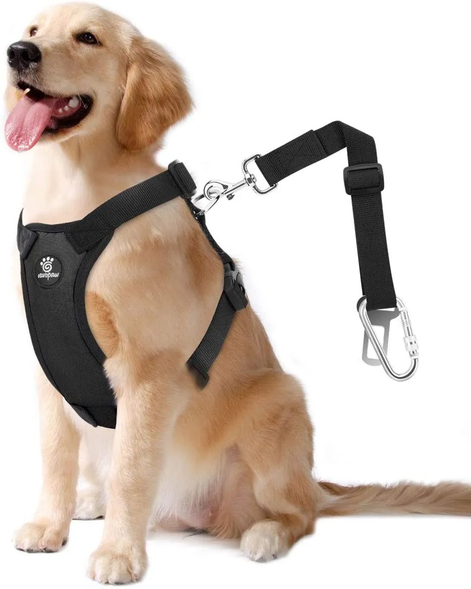 A dog harness with an attached car seat belt clip, ensuring pet safety during travel