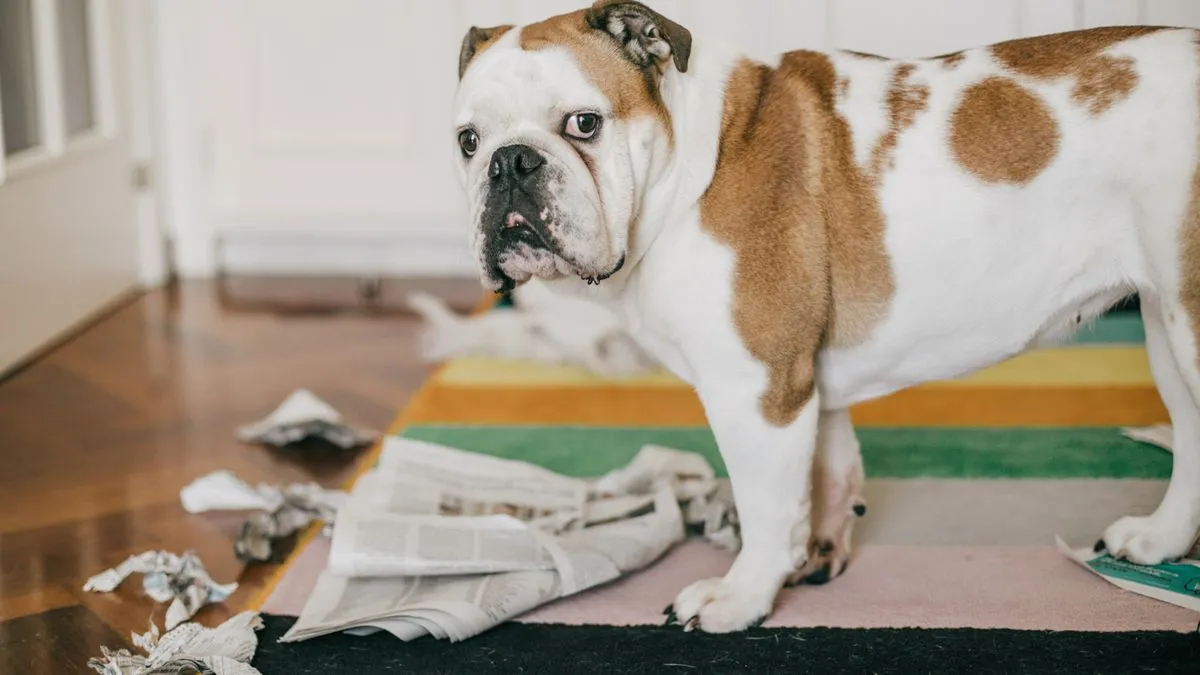 A dog looking intently at the camera, with a partially chewed newspaper visible nearby.