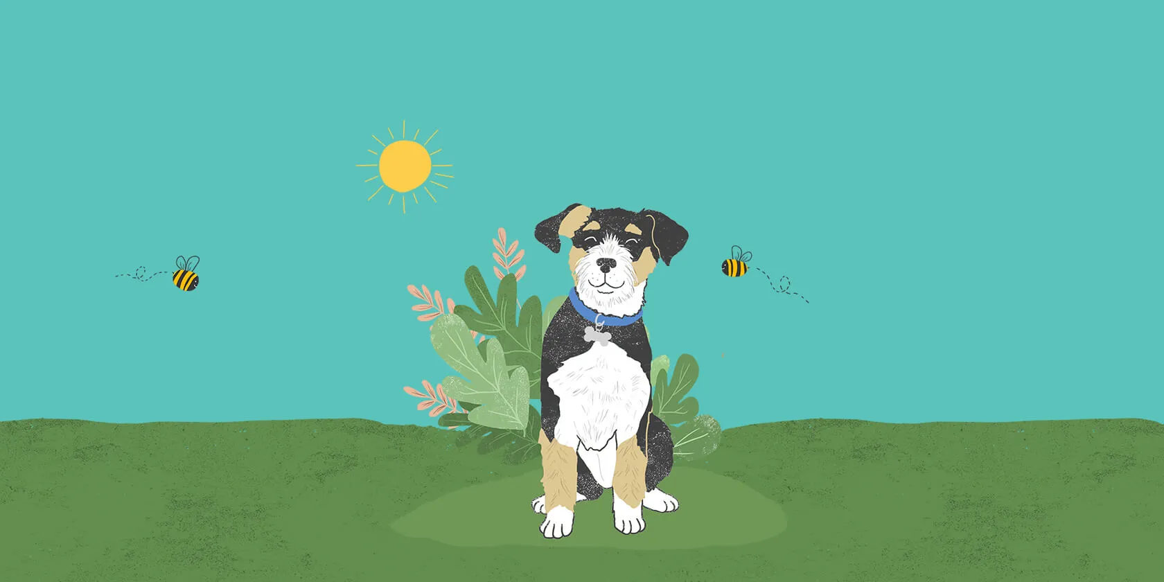 A dog outdoors with bees buzzing around, illustrating the potential for a bee sting.