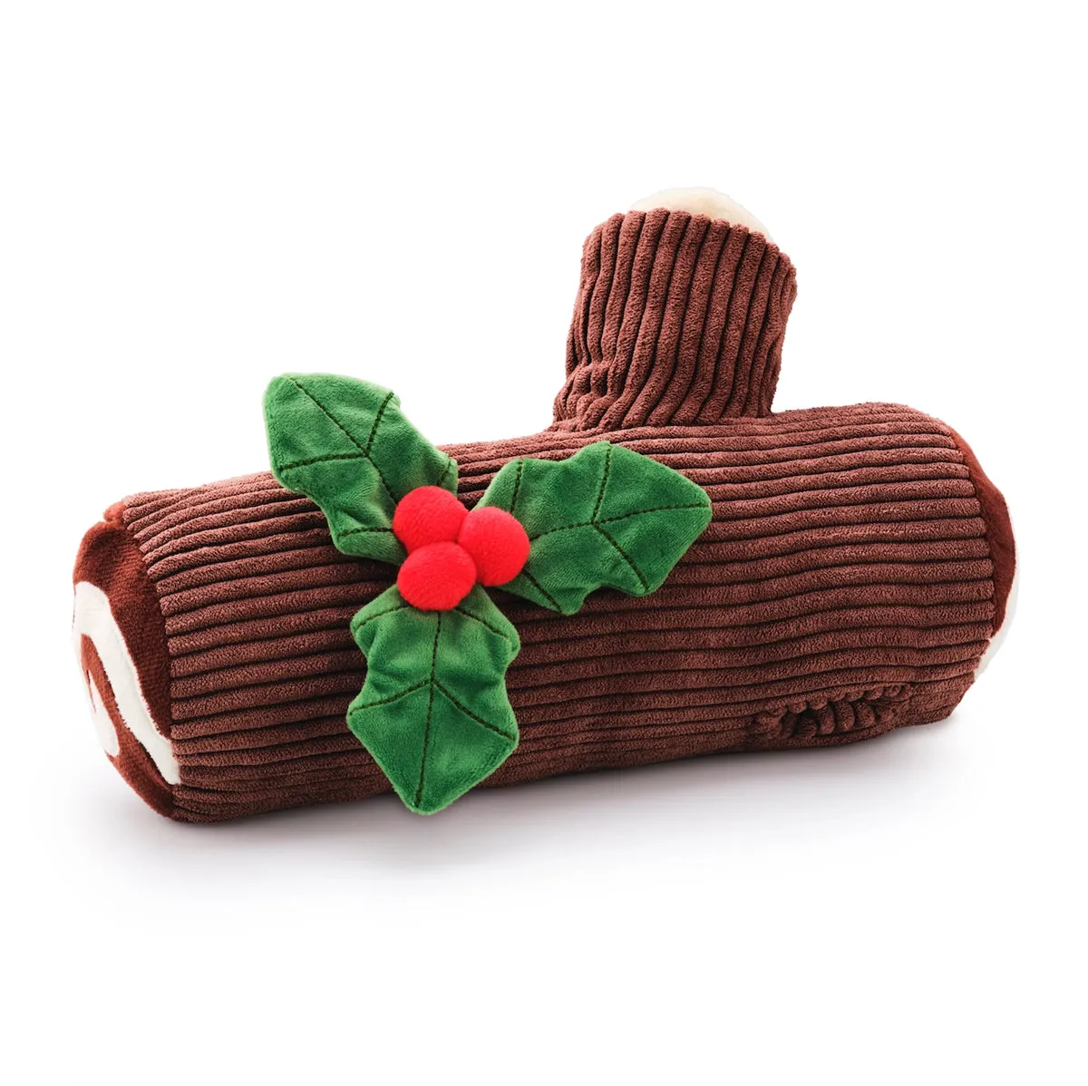A dog toy shaped like a whimsical Yule Log, perfect for bringing a festive touch to playtime during Christmas