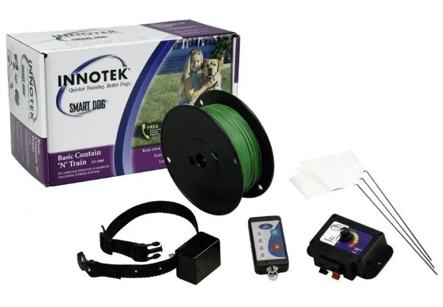A dog wearing the Innotek collar enjoys an open field, demonstrating freedom within boundaries