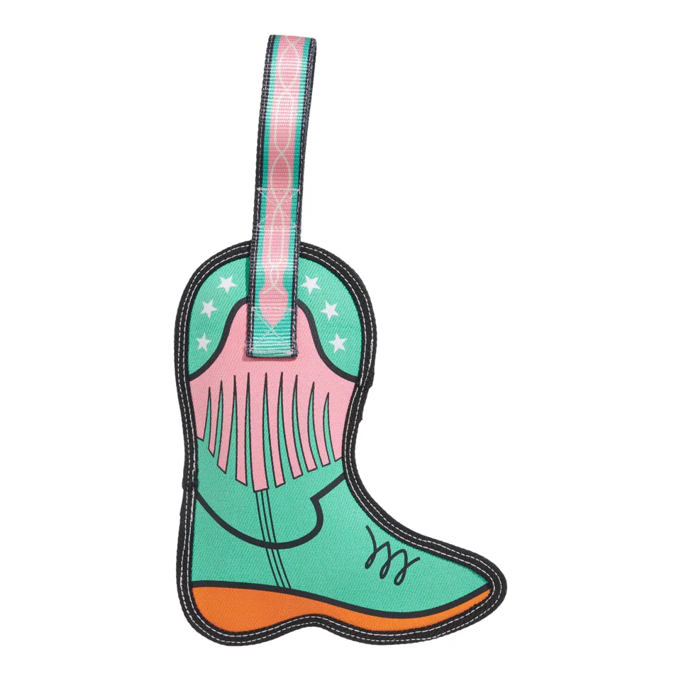 A durable dog toy shaped like a brown cowboy boot with a reinforced tug strap and a squeaker inside, ready for a game of tug-of-war.