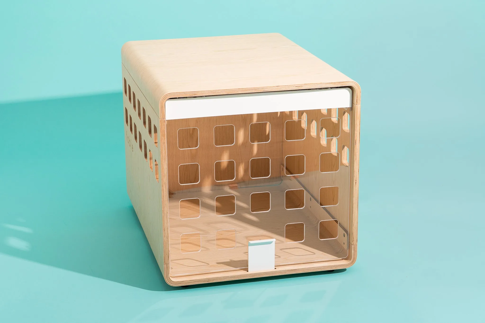 A Fable Crate with its clear door shut, showcasing the elegant wood finish and modern design.