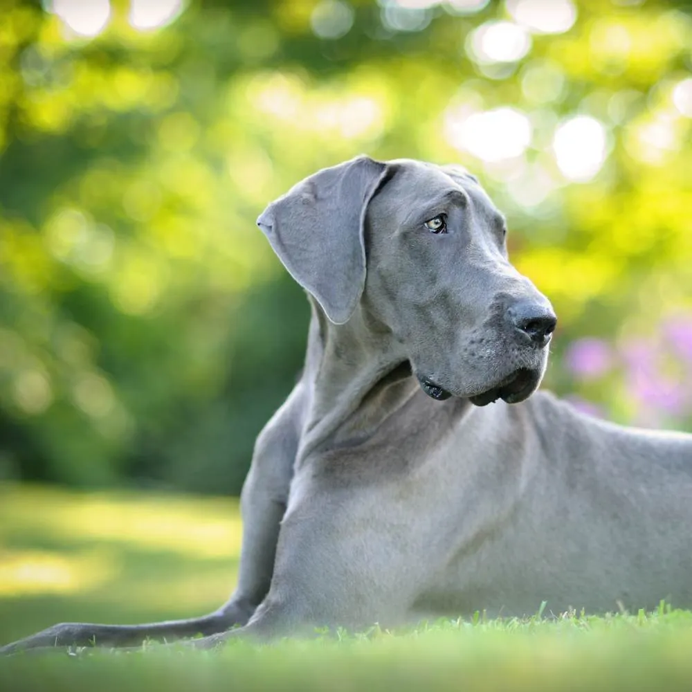 A fawn-colored Great Dane dog sitting patiently on a textured floor