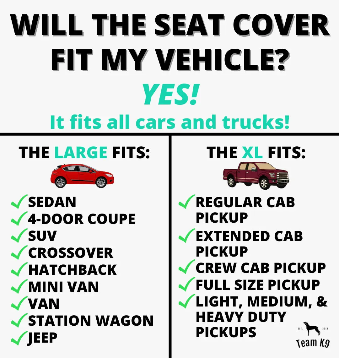 A full view of a car interior with the Team K9 car seat cover installed, demonstrating its comprehensive coverage.