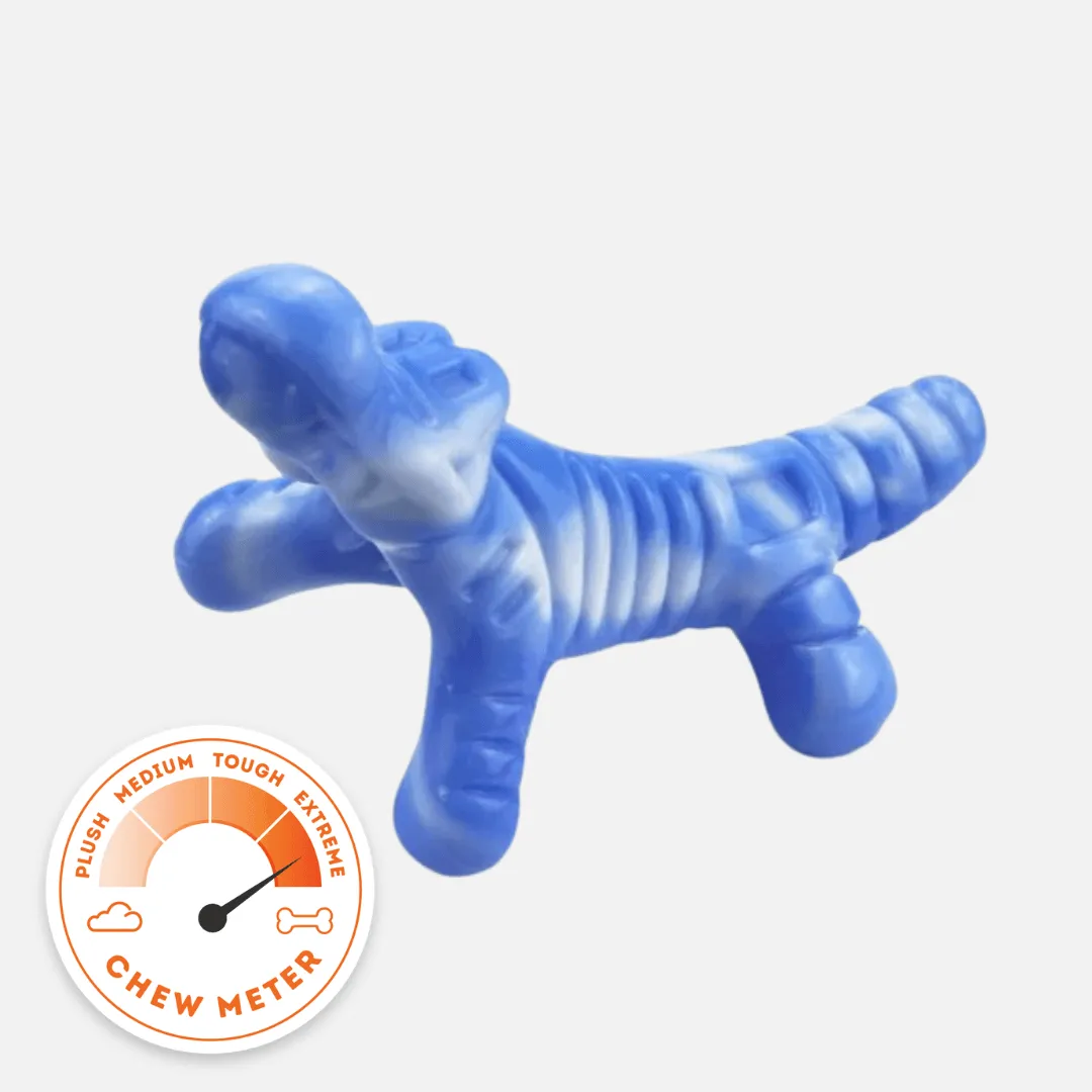 A green alligator-shaped dog chew toy