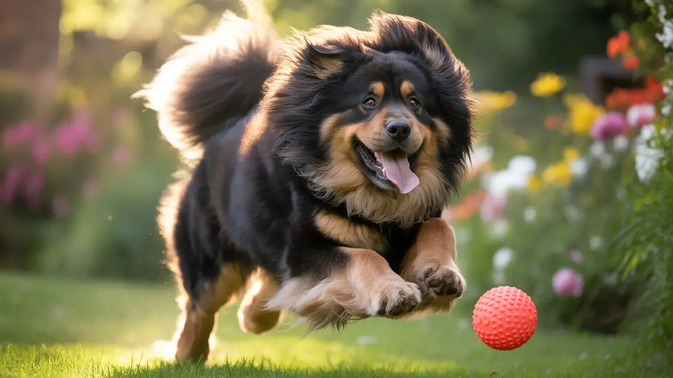A happy Australian Shepherd mid-leap while playing with a red ball in a vibrant garden